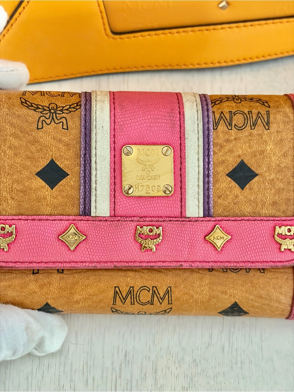 MCM Yellow Studded Leather Shoulder Bag with Pink MCM Wallet - Picture 14 of 16